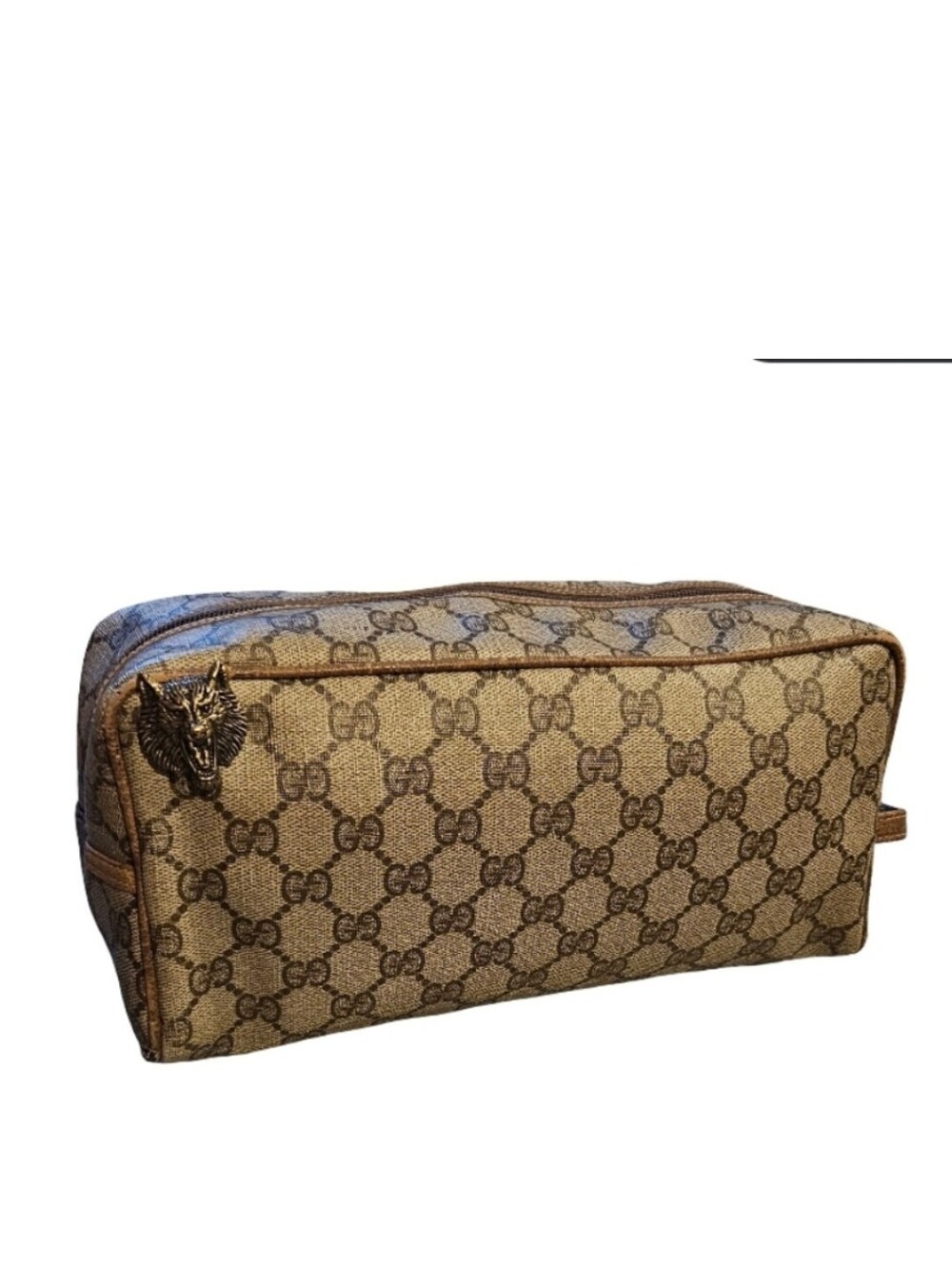 GUCCI GG SUPREME  WOLF Beige Canvas Toiletry travel Bag Wristlet  AUTHENTIC